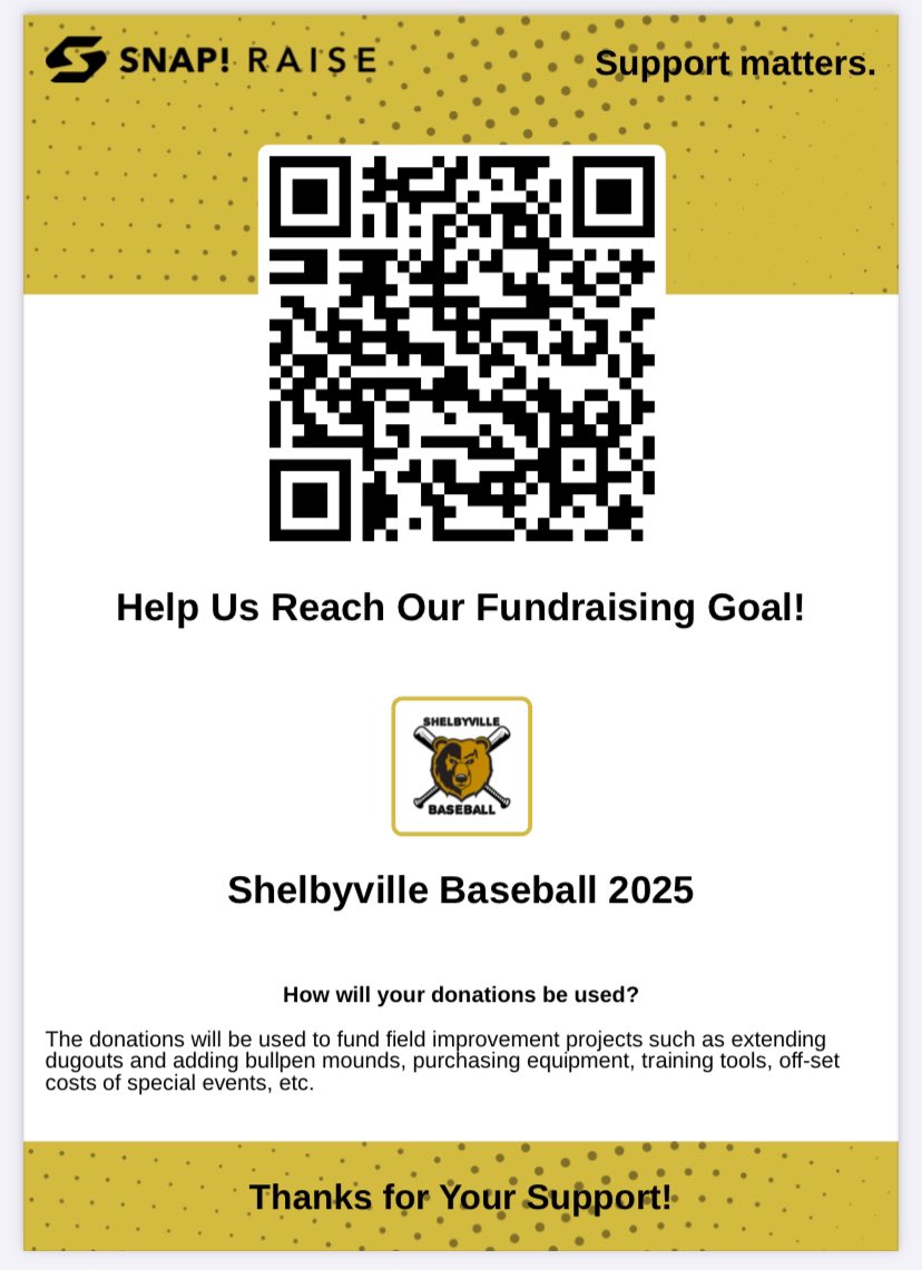 Please consider donating to SHS Baseball and sharing QR code on your social media. Fundraiser runs from Feb. 28 - March 28. Thank you for your help and support!