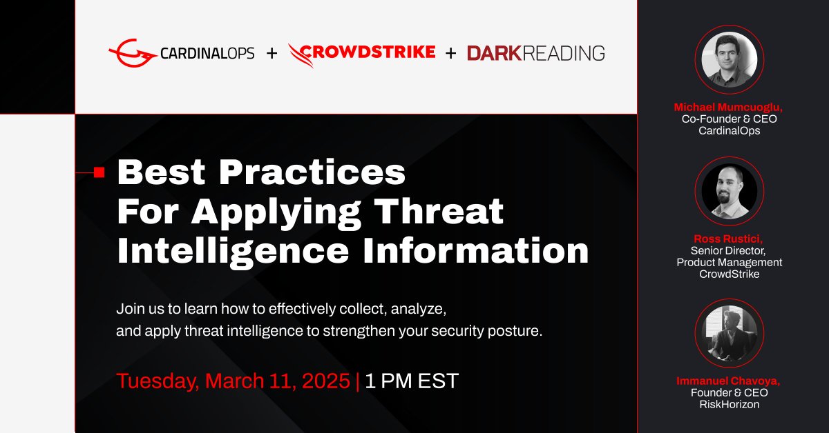 Not all threat intel is created equal, how do you apply it effectively? Join <a href="/CardinalOps/">CardinalOps</a> &amp; <a href="/CrowdStrike/">CrowdStrike</a> on March 11 at 1 PM EST to learn how to turn intel into action.

Register: hubs.li/Q038Lljk0

#ThreatIntel #CTEM #ThreatExposureManagement #DetectionEngineering