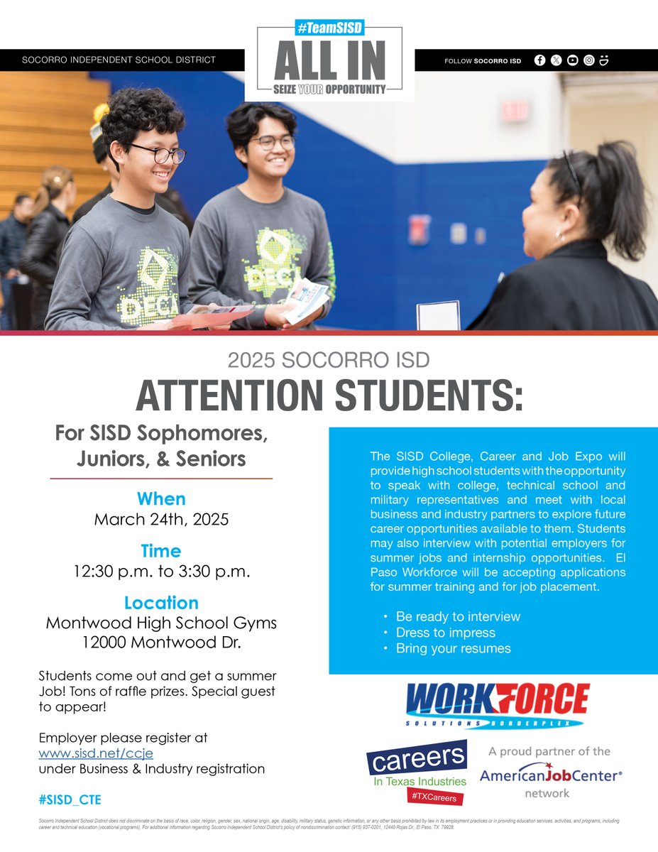 #TeamSISD sophomores, juniors &amp; seniors—join the College, Career &amp; Job Expo on March 24 at Montwood HS! Meet college, tech school &amp; military reps, explore careers, and interview for jobs, internships &amp; EP Workforce programs. Bring resumes, dress to impress and be ready to