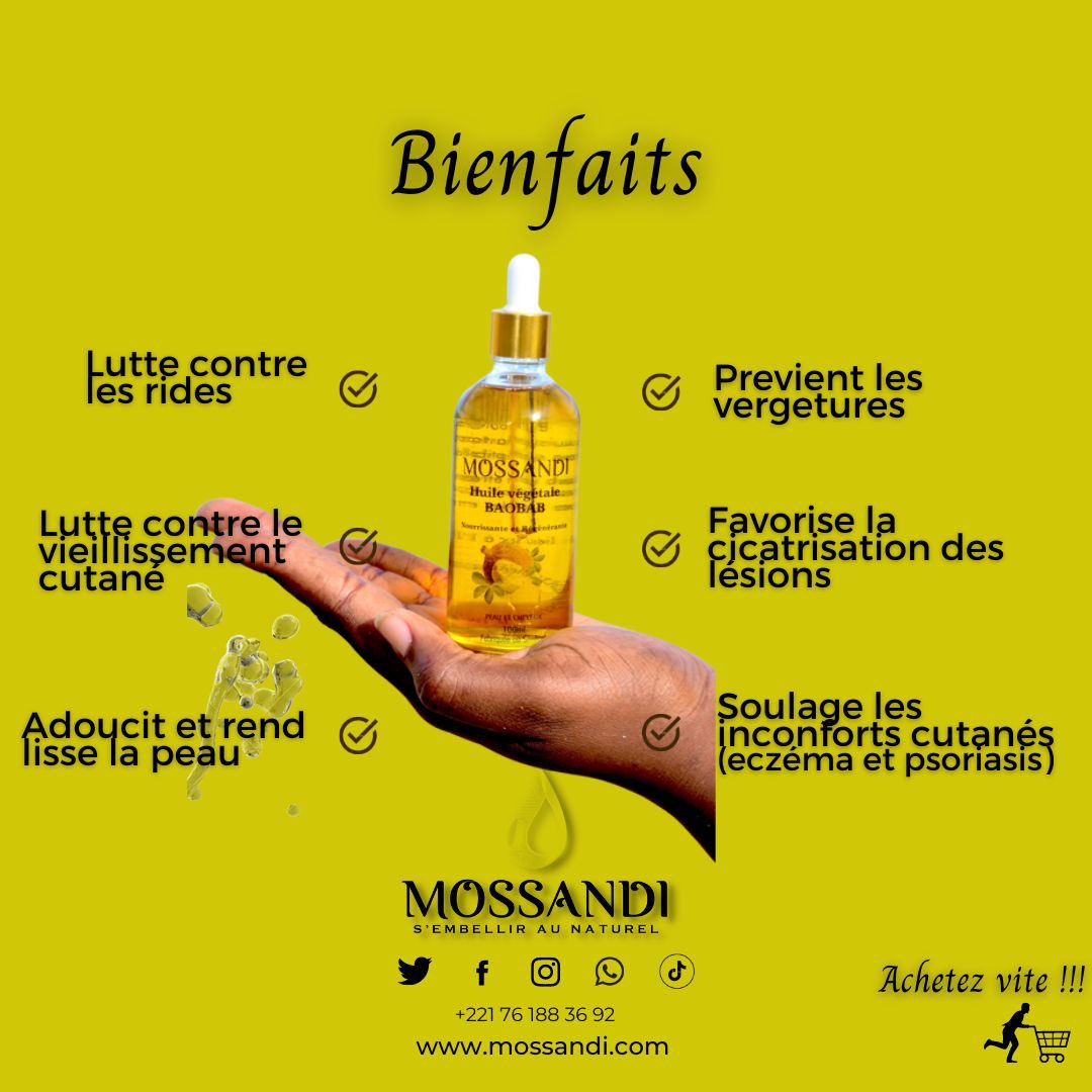 Pour tes routines de soins, adopte l’huile naturelle de baobab de la marque Mossandi.

La vraie huile extraite des graines de baobab.

  💰 - 30mL à 2000 FCFA 
        - 100 ml à 5000 FCFA
        - Le litre à 25.000 FCFA

📌 Livraison partout !
Avec Mossandi, adopte le naturel !