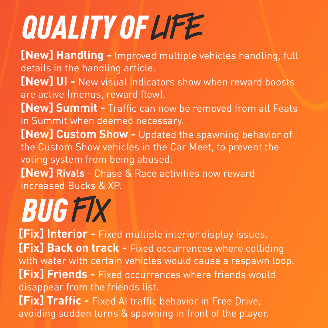 TheCrewGame's tweet photo. Season 6 Patch Notes are here! 🚨

Get ready for an adrenaline-fueled season featuring two brand-new Red Bull Playlists, vehicle handling updates, PvP enhancements, and more!

Check out all the changes &amp; fixes coming to The Crew Motorfest with Season 6 👇