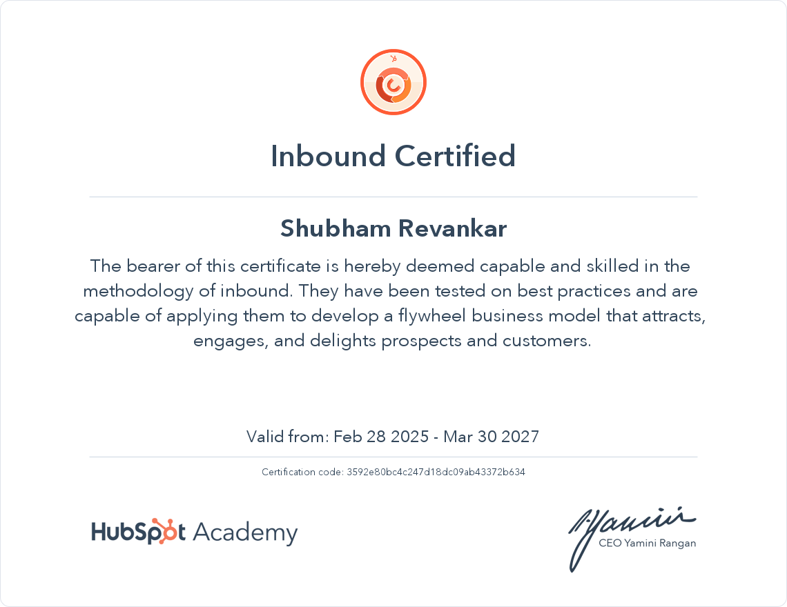 I just got my Inbound Certification from HubSpot Academy 🎓 Get yours at bit.ly/38M1GFB app-na2.hubspot.com/academy/achiev… 

<a href="/HubSpot/">HubSpot</a> <a href="/HubSpotAcademy/">HubSpot Academy</a> <a href="/HubSpotDev/">HubSpot for Developers</a>