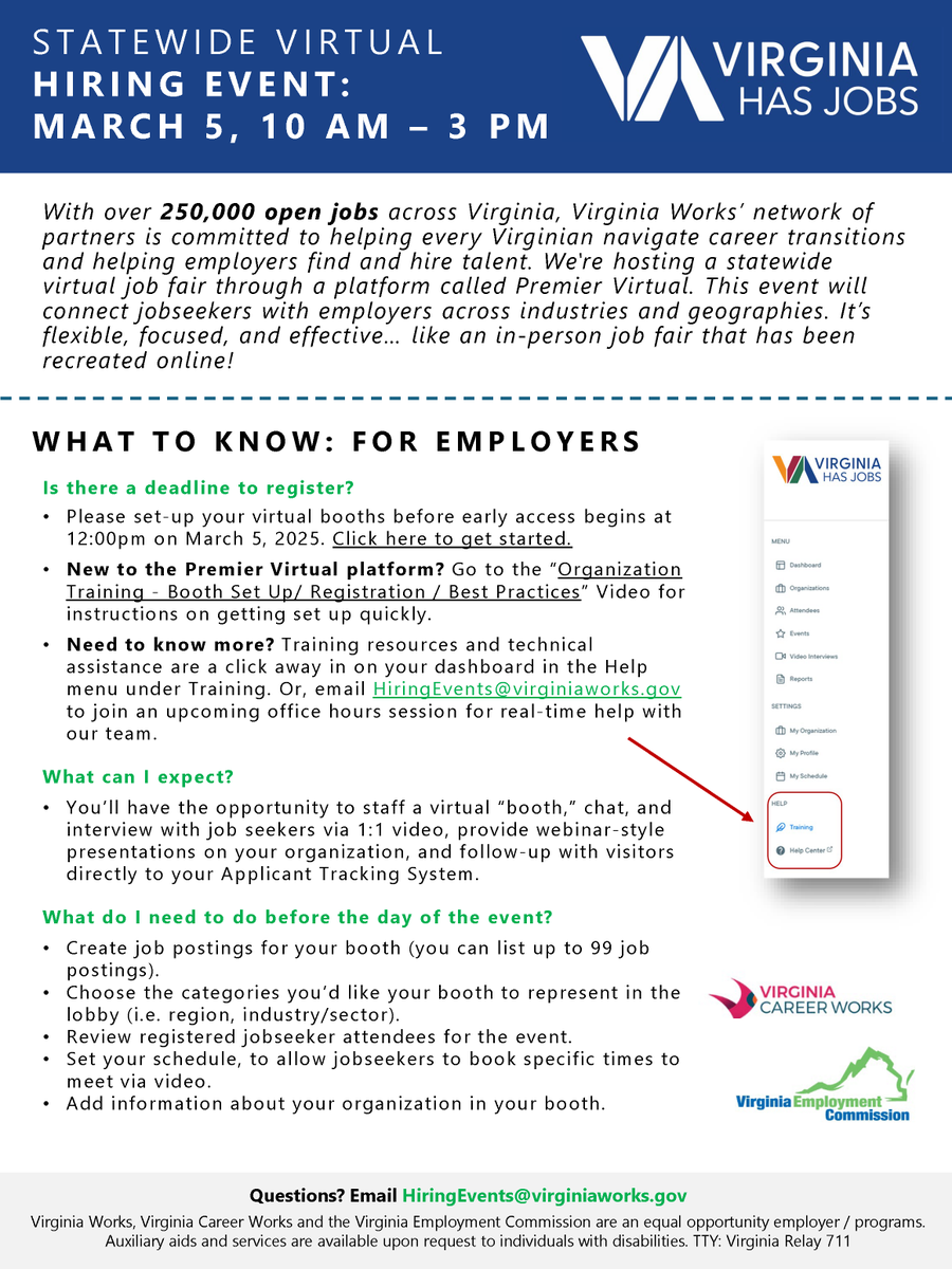 For employers who plan to take part in the upcoming statewide, virtual hiring event on March 5, please see this valuable information that will can help maximize your participation and make it a success!
