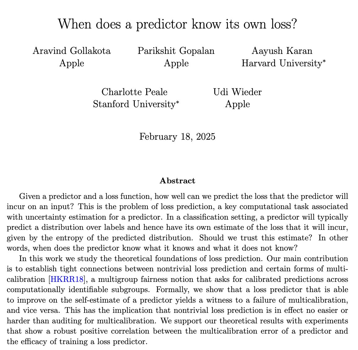 Can machine learning models predict their own errors 🤯 ?

In a new preprint w/ <a href="/Apple/">Apple</a> collaborators Aravind Gollakota, Parikshit Gopalan, Charlotte Peale, and Udi Wieder, we present a theory of loss prediction and show an equivalence with algorithmic fairness!

A thread (1/n):