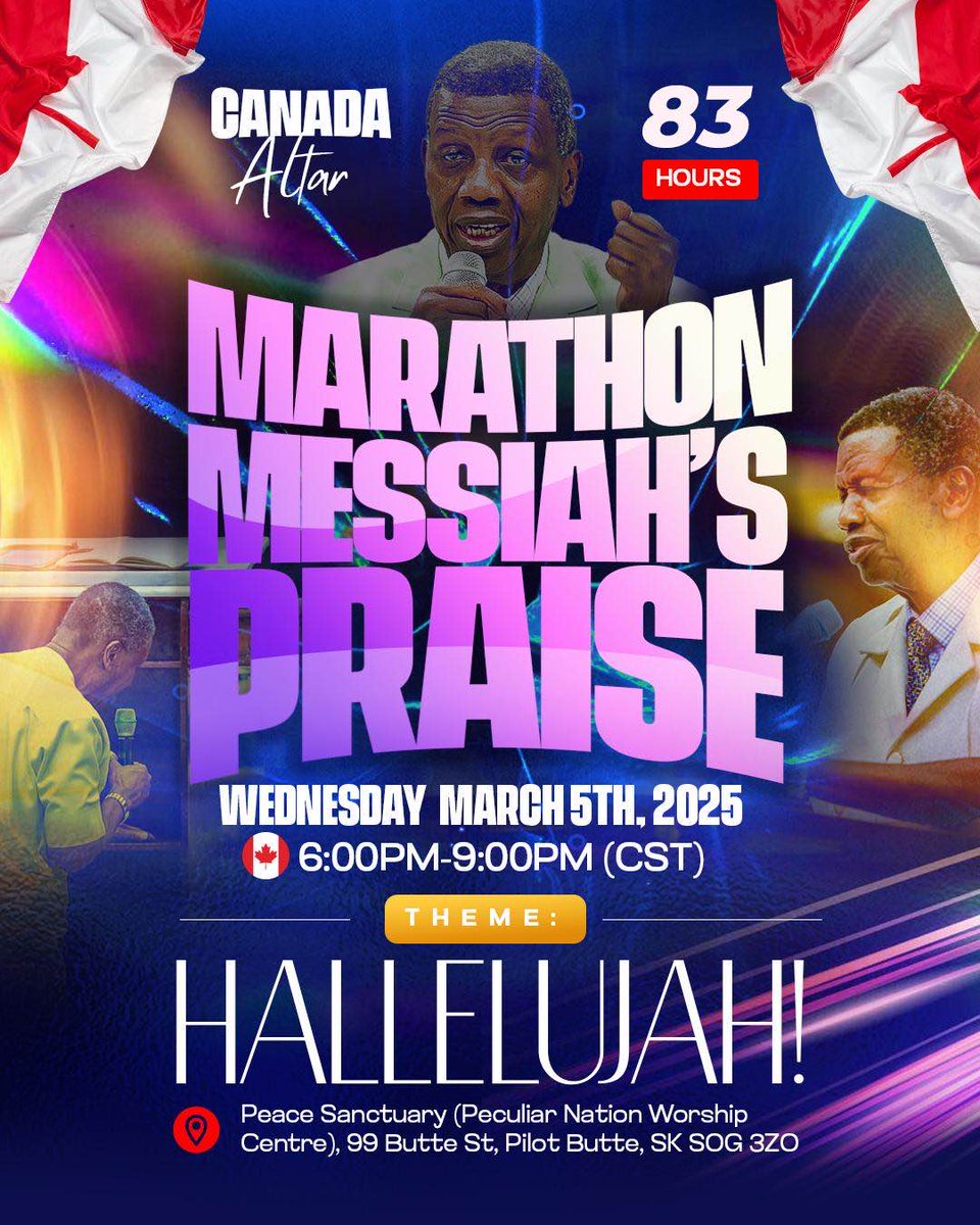 rccgpnsk's tweet photo. 📢 Join us for Marathon Messiah's Praise at Peculiar Nation! 🙌

🗓️ Wed, March 5, 2025
⏰ 6-9pm CST
📍 Pilot Butte Auditorium, Regina

83 hours of non-stop praise themed "Hallelujah!" Replaces our regular March midweek service.

#MMP #RCCG #PeculiarNation https://t.co/3DAJNbhUOk