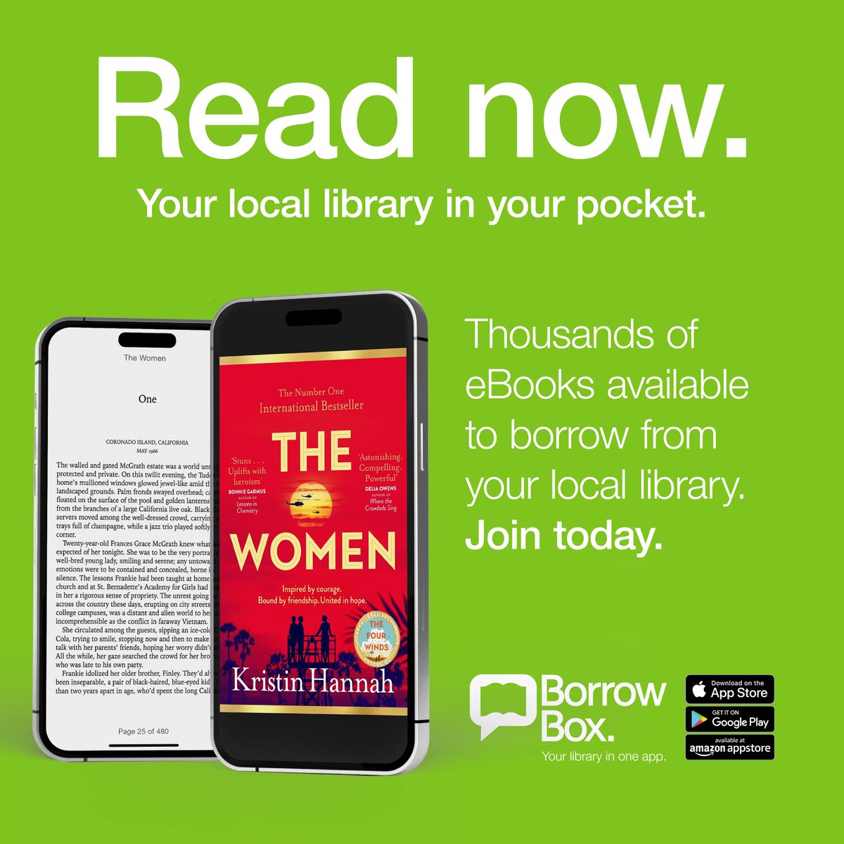 Throughout March you can read The Women by Kristin Hannah for free with no queues on BorrowBox! Just log in with your library details and you have access to thousands of amazing stories.
rbkingston.borrowbox.com