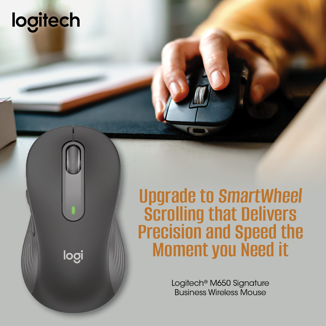 ChristiesOP's tweet photo. Precision or speed? Why not both?

Upgrade your workflow with the #Logitech® M650 Signature Business Wireless #Mouse. 

The SmartWheel scrolling adapts to your needs, making each click efficient and oh-so-satisfying. https://t.co/kFFzMZdqky