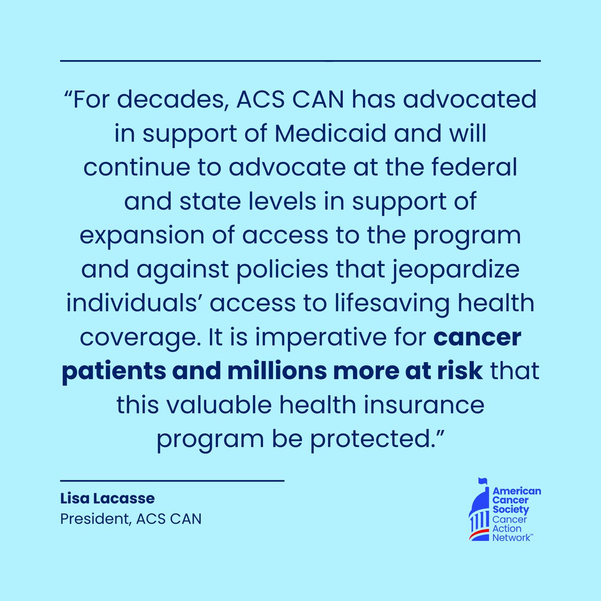 Extremely disappointed in this week’s House of Representatives vote to approve cuts that could detrimentally impact access to #Medicaid for millions of Americans, including cancer patients.

Congress MUST do better.

We demand no cuts to Medicaid. Like &amp; share if you're with us.