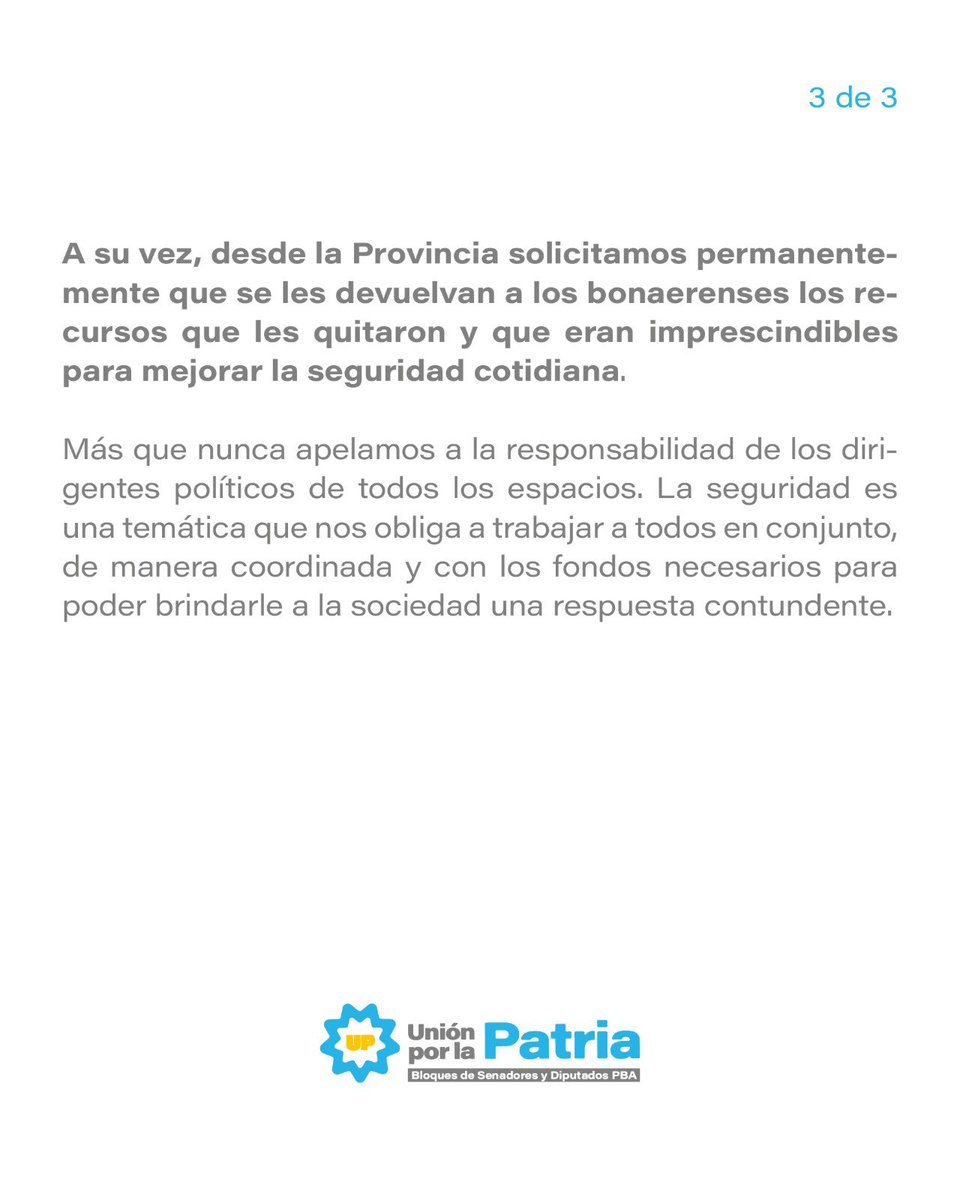 Los bloques legislativos de Unión por la Patria de la provincia de Buenos Aires expresamos nuestro profundo rechazo a los dichos en redes sociales del presidente Javier Milei en relación a su pedido de renuncia al gobernador Axel Kicillof y la intervención federal de la Provincia
