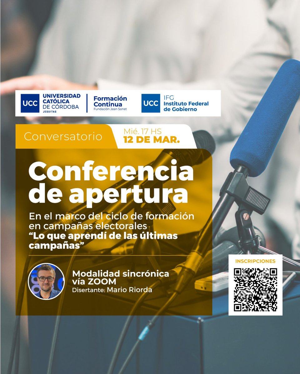 📣 Ciclo de Formación en Campañas Electorales: conferencia inaugural con <a href="/maRIOrioRDA/">maRIO rioRDA</a> 
 📅12 de marzo a las 17 h vía Zoom
ℹ️ Evento gratuito con inscripción previa: forms.gle/LfMaeh2ApaB6sm…
Para consultas y más info: asistente.ifg.fcpri@ucc.edu.ar
<a href="/PoliticaRRIIUCC/">Ciencia Política y Relaciones Internacionales UCC</a> <a href="/UCCoficial/">Universidad Católica de Córdoba</a>