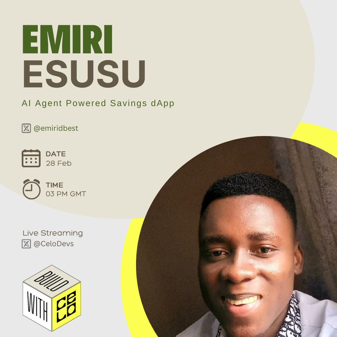 CeloDevs's tweet photo. One of or top builders, and the MOST consistent builder this Season @EmiriDbest is presenting Esusu.
The #BuildWithCelo winning project just got some AI Agent support added.
Vote: https://t.co/QUdCMKBprC https://t.co/HiyzR31QCC