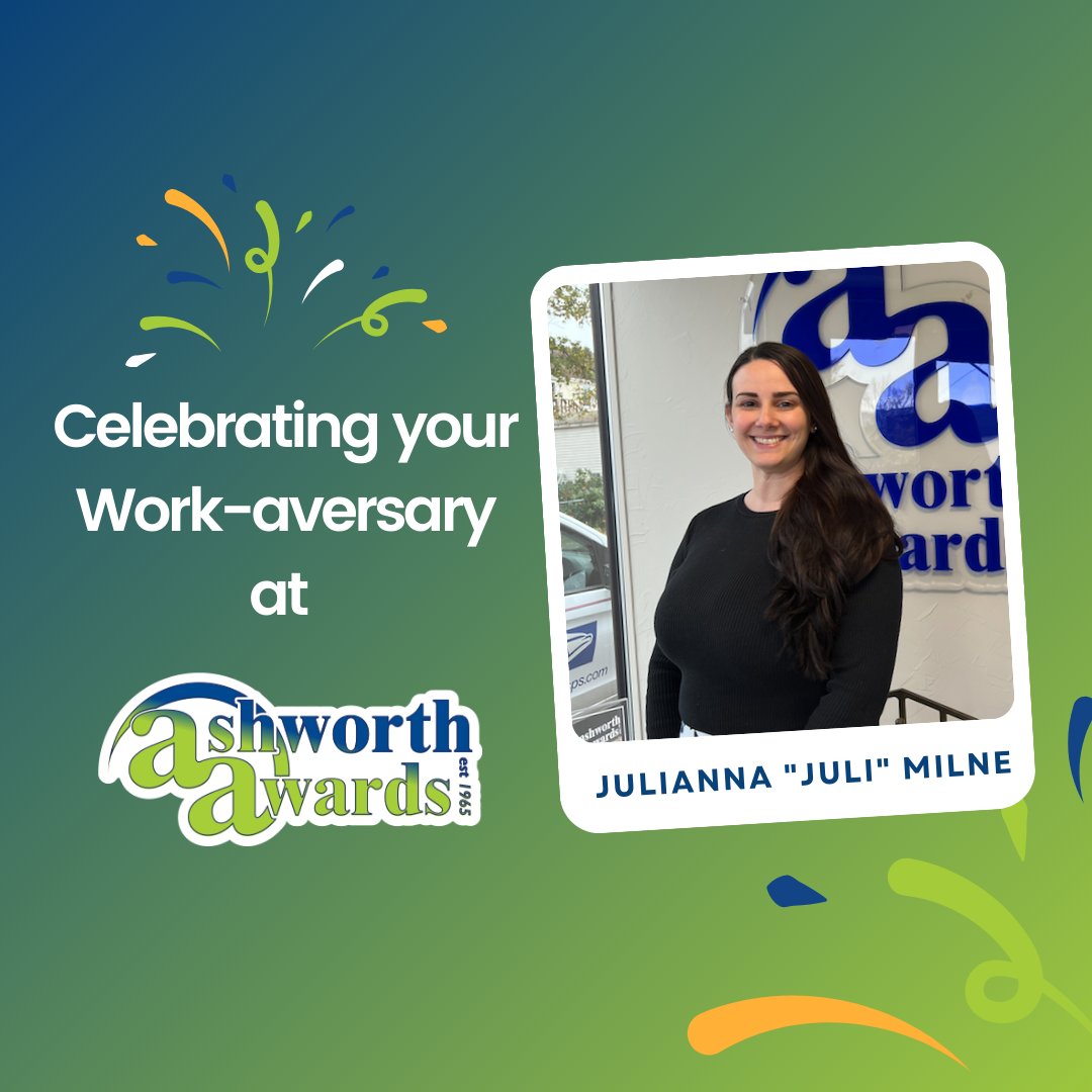 ashworthawards's tweet photo. Happy Work-a-versary, Julianna “Juli” Milne! Thank you for your dedication, passion, and all the hard work you put into making #AshworthAwards shine. Here’s to another fantastic year on the team! #WorkAnniversary #TeamSpotlight #EmployeeRecognition #WorkCelebration https://t.co/3SeVGgAq8z
