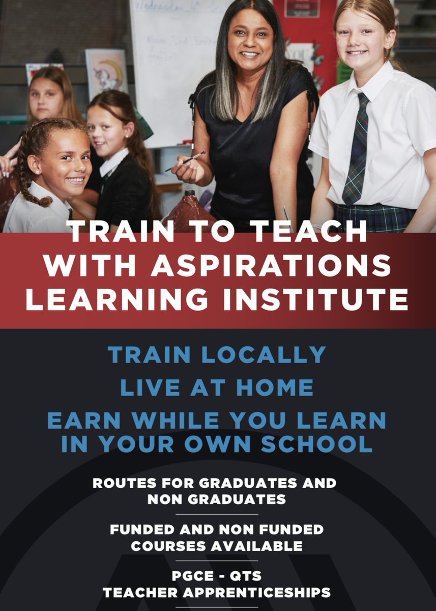 At Aspirations Learning Institute, we’re paving the way for aspiring educators through our innovative 𝗧𝗲𝗮𝗰𝗵𝗲𝗿 𝗧𝗿𝗮𝗶𝗻𝗶𝗻𝗴 and 𝗔𝗽𝗽𝗿𝗲𝗻𝘁𝗶𝗰𝗲𝘀𝗵𝗶𝗽 programme.

Visit bit.ly/3DGhLRv to apply.

#TeacherTraining #AspirationsLearning #FutureEducators