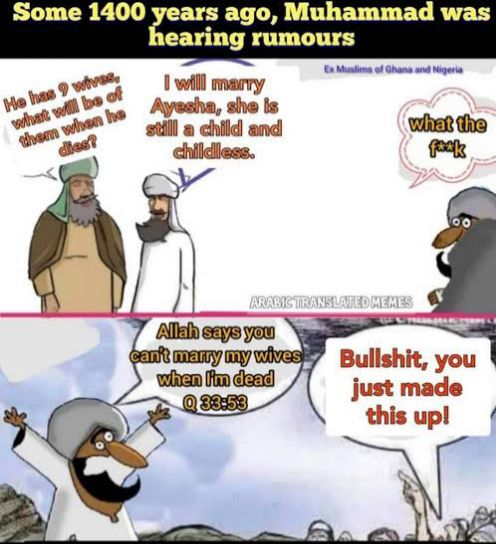 ZafarHeretic's tweet photo. Muhammad did Aladeen with wives of other after they died, but did not let them do the Aladeen with his wives 😀 https://t.co/xVXvdBWa9E