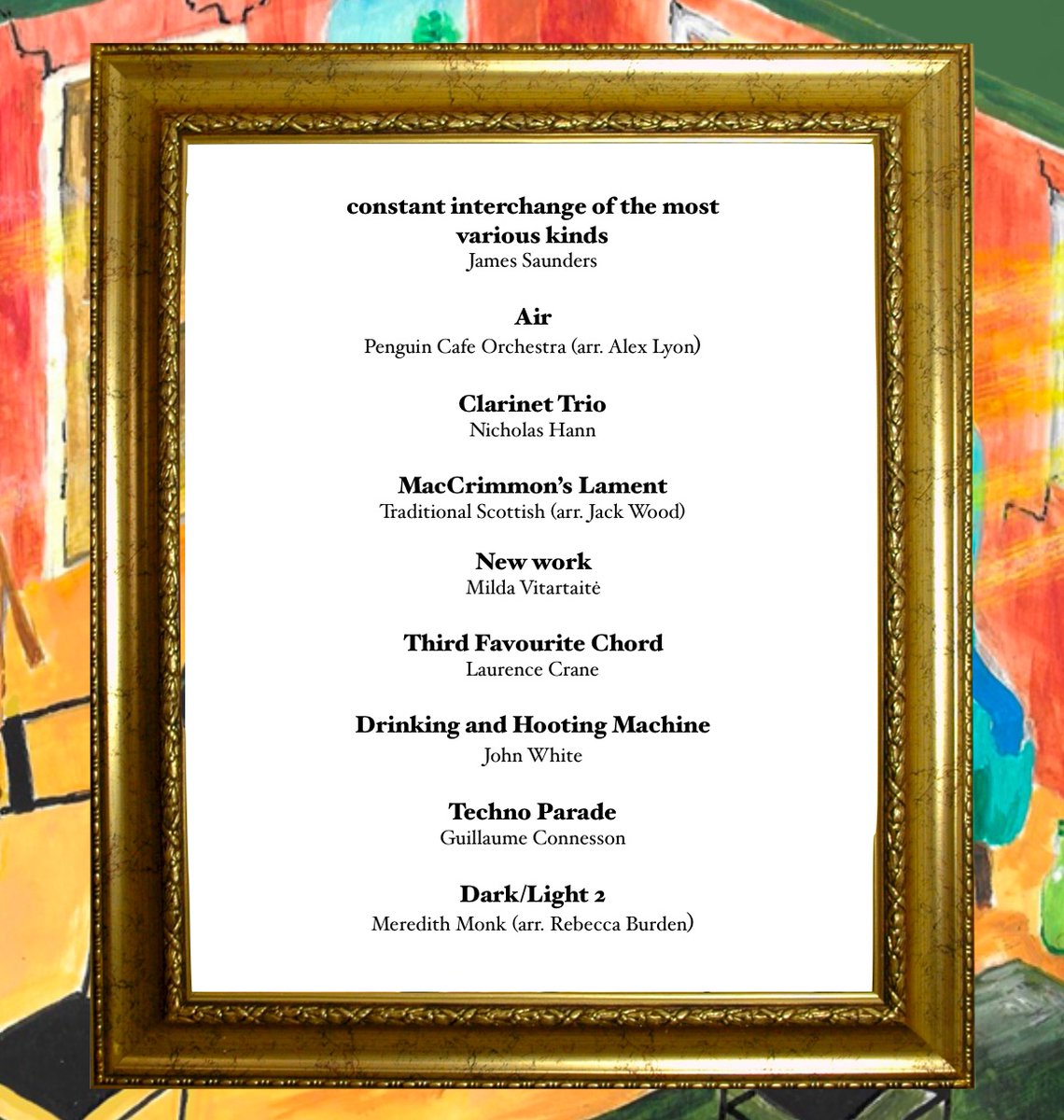The programme for our next event, ACT III : Lounge Music 👀 

🛋️ 🪑 💡 📕 🍷 🖼️ 🍾

newer pieces, older pieces, arrangements, originals ……… we’ve got it all in the lounge. Come on down