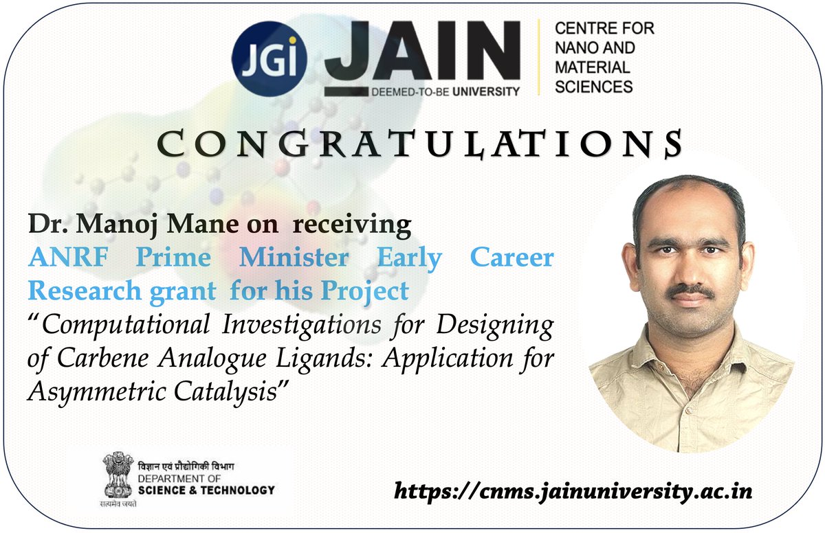 We are delighted to announce that Dr. Manoj Mane has been awarded the ANRF Prime Minister Early Career Research Grant for his project titled,
 "Computational Investigations for Designing of Carbene Analogue Ligands: Application for Asymmetric Catalysis.”