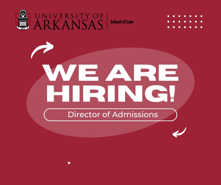 Join our team! #UARKLaw is hiring a Director of Admissions. This is a great opportunity to work with an amazing team that is passionate about helping students succeed.

Apply now: uasys.wd5.myworkdayjobs.com/en-US/UASYS/jo…

#hiring #ArkansasLaw