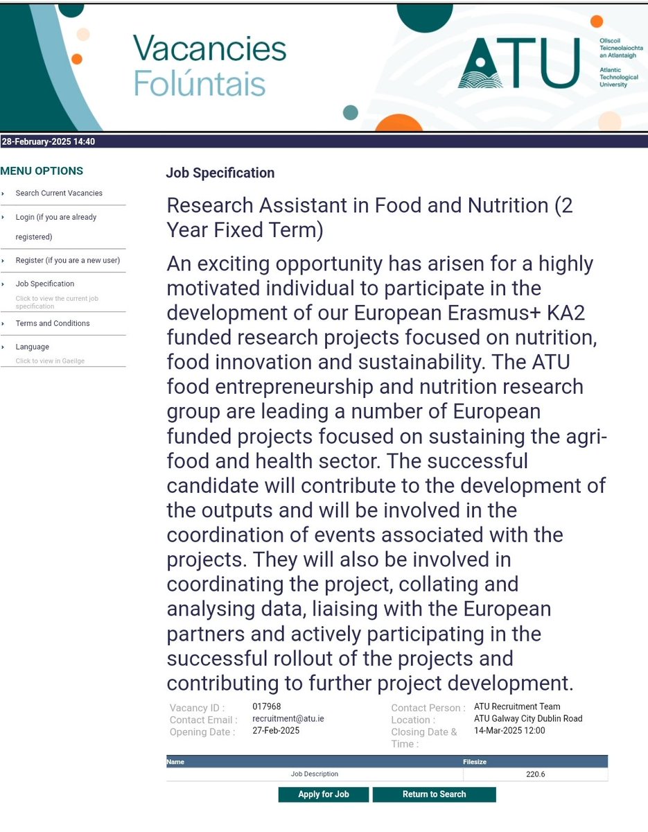 Dr Lisa Ryan (@lisryan_nutri) on Twitter photo 🔔#jobfairy We are hiring! We are advertising for a Research Assistant in #Food and #Nutrition to join our research group. Deadline for application 14th March.
If you're interested in joining the team, check out our vacancy here ➡️ atu.ie/jobs 🔔#jobfairy We are hiring! We are advertising for a Research Assistant in #Food and #Nutrition to join our research group. Deadline for application 14th March.
If you're interested in joining the team, check out our vacancy here ➡️ atu.ie/jobs