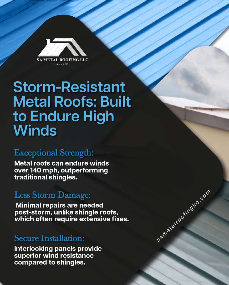 SA_MetalRoofing's tweet photo. Choose Metal Roofs for Storm Protection 🛡️

Reduce post-storm repairs with a roof that stands strong against high winds.

Book your consultation today: https://t.co/VYtJscn0Ua 

#SAMetalRoofing #MetalRoofingExperts #MetalRoofingServices #EnergyEffecient #GreenRoofing #SATX https://t.co/XQqjPr1VVc