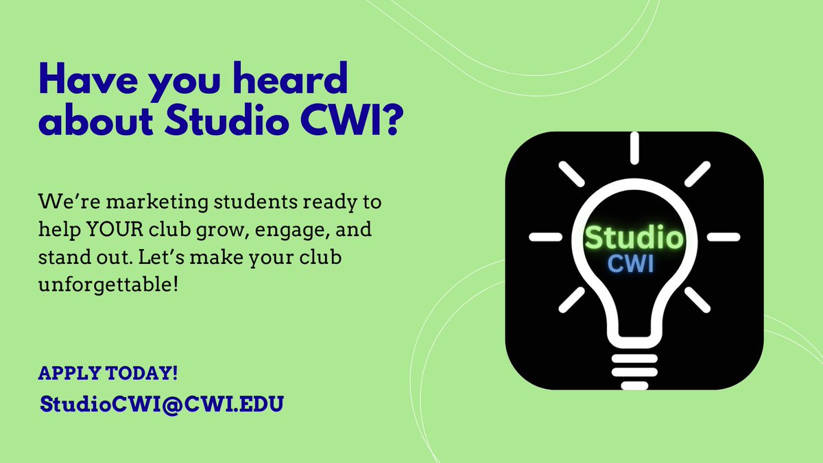 StudioCWI's tweet photo. Are you ready to join Studio CWI's next generation of marketers?🔥 Promote your school club with us to boost your visibility and momentum! Apply today at ➡️ StudioCwi@Cwi.edu. #StudioCWI #NextGen #BrandAwareness #MarketingStrategy https://t.co/N060bmrAmW