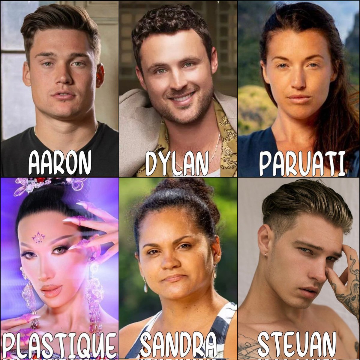 SimusAlvi's tweet photo. || Decimonovena Expulsión
#SimuBattleReality 👁️
Todos nominados:
• Aaron
• Dylan
• Parvati
• Plastique
• Sandra
• Stevan
Responde a este tweet con SALVAR + NOMBRE (tu favorito). El menos votado será EXPULSADO. https://t.co/zDvZXBXiNd