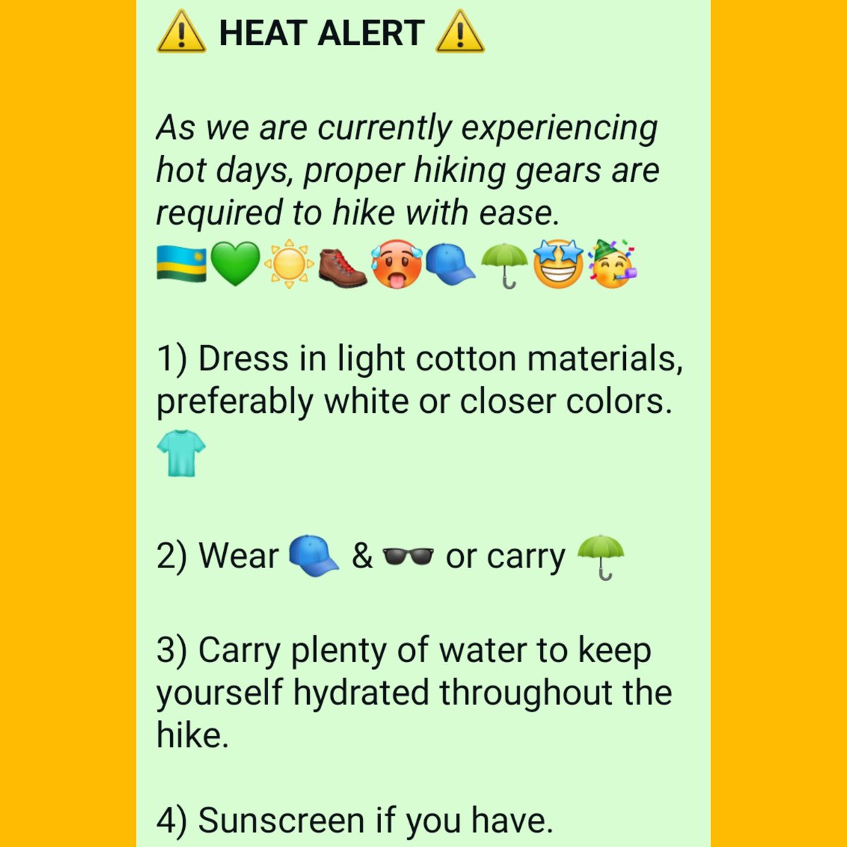 TourismloversRw's tweet photo. Dear Hikers, please take note and come ready! ☀️☀️☀️🥾🥾🤩
#nomattertheweather #wehike #kigaliwehike #weather #sunnydays #hot #itshotoutside🔥 #tourismlovers #tourismlovers250 https://t.co/OQjF7IhaCH