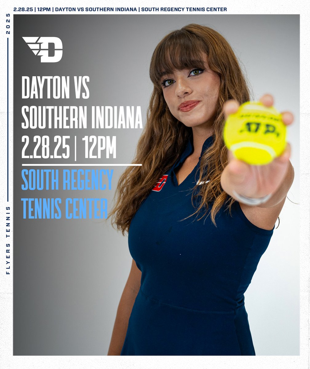 MATCHDAY ✈️🎾

🆚 USI
⏰ 12pm
📍 Miamisburg, OH
🏟️ South Regency Tennis Center

#UDWTEN // #GoFlyers