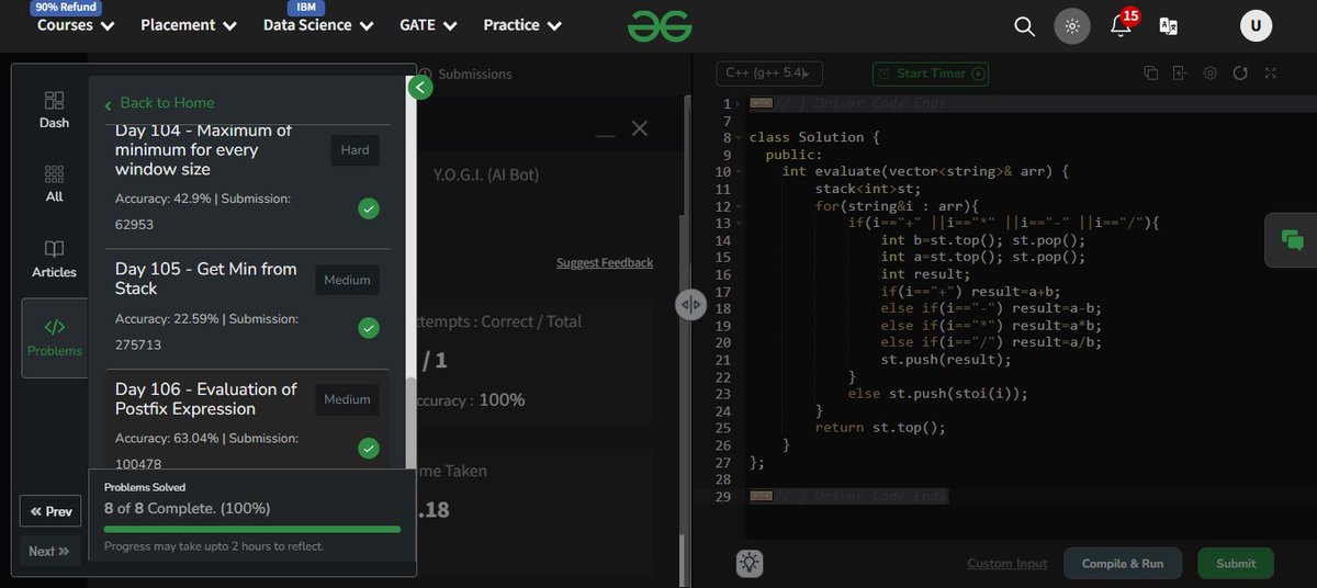 UdayIge's tweet image. #GfG160: 160 days of problem-solving! 🚀

✅ Day 106: Evaluation of Postfix Expression done.

#geekstreakchallenge
#geekstreak2024 #gfg160

@geeksforgeeks