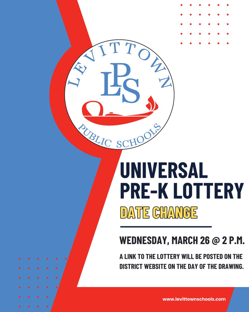 The date for our Universal Pre-Kindergarten lottery has been changed to Wednesday, March 26, at 2 p.m. A link to the live drawing will be posted on the district website that day. #SuccessAtLPS