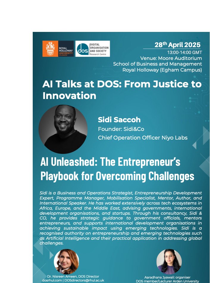 Announcing 'AI Talks at DOS: From Justice to Innovation'
Monday, 28 April 2025, 11:00am–2:00pm
Moore Auditorium, Royal Holloway 
Talk 1: Unfair ID: Digital Identity from Injustice to Resistance
Talk 2: AI Unleashed: The Entrepreneur’s Playbook for Overcoming Challenges