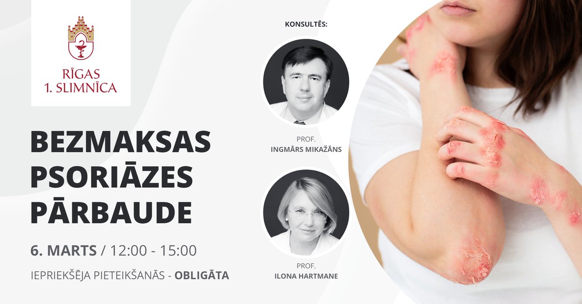 Pilnībā izārstēt psoriāzi nav iespējams, bet svarīgi ir iemācīties ar to sadzīvot. Nekontrolēta psoriāze var pasliktināties un palielināt citu saslimšanu risku.  Aicinām uz bezmaksas psoriāzes pārbaudi, 6. martā no plkst. 12:00, pieraksts  obligāts pa tālruni: 67366323 #psoriasis