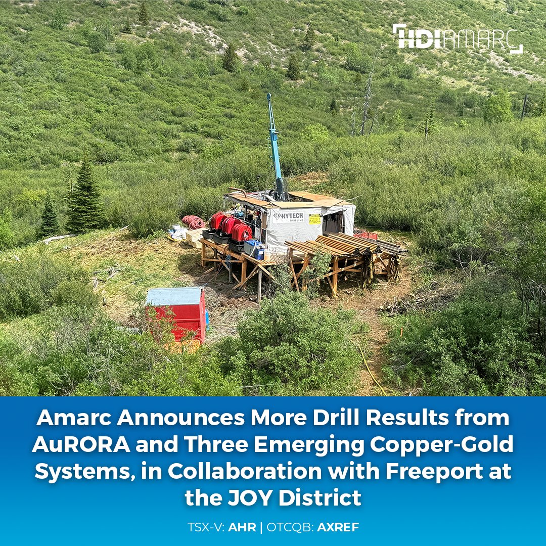 HDI_Amarc's tweet image. Amarc $AHR.V | $AXREF Announces More Drill Results from AuRORA and Three Emerging #Copper-#Gold Systems, in Collaboration with Freeport at the JOY District

Highlights include:
• 132.00 m of 1.71% CuEQ¹ with 1.87 g/t Au, 0.63% Cu and 5.2 g/t Ag including 90.00 m of 2.26% CuEQ…