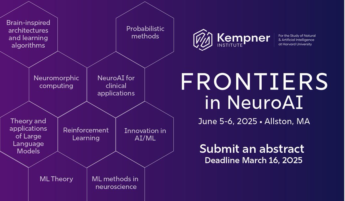 Kempner Institute at Harvard University (@kempnerinst) on Twitter photo Calling all #AI, #ML and #compneuro researchers! The Kempner Institute's Frontiers in #NeuroAI symposium is a great new opportunity to showcase your work. Submit an abstract by March 16! Details: bit.ly/3QKQD6Z <a href="/ShamKakade6/">Sham Kakade</a> <a href="/blsabatini/">Bernardo Sabatini</a> Calling all #AI, #ML and #compneuro researchers! The Kempner Institute's Frontiers in #NeuroAI symposium is a great new opportunity to showcase your work. Submit an abstract by March 16! Details: bit.ly/3QKQD6Z <a href="/ShamKakade6/">Sham Kakade</a> <a href="/blsabatini/">Bernardo Sabatini</a>
