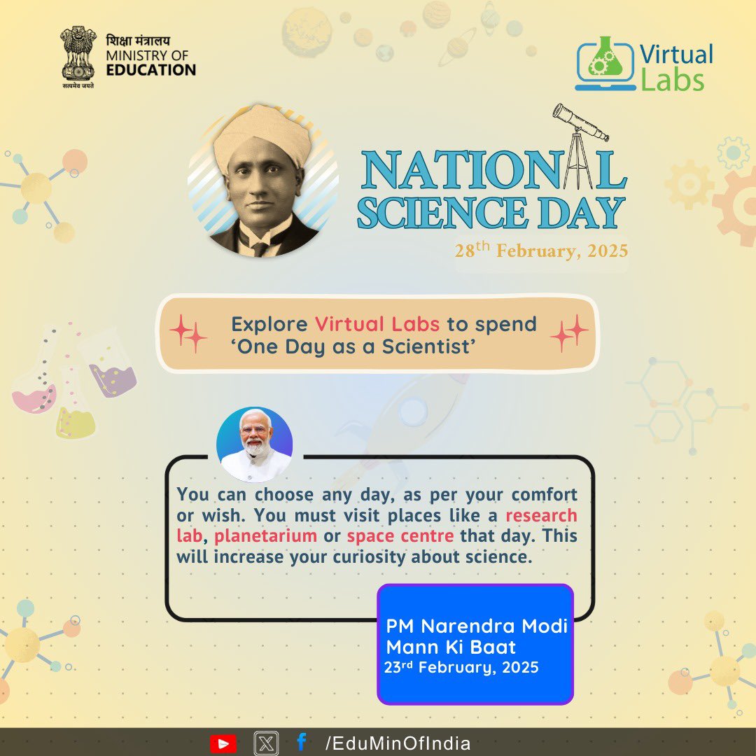 EduMinOfIndia's tweet photo. Explore Virtual Labs online and embrace the scientific method. 

Stay curious and spend ‘one day as a scientist’.

#NationalScienceDay

👇
https://t.co/Qp0wkl14Mw

@narendramodi @PMOIndia @dpradhanbjp @iitdelhi @PIB_India @airnewsalerts @DDNewslive https://t.co/VeuakS8rjy