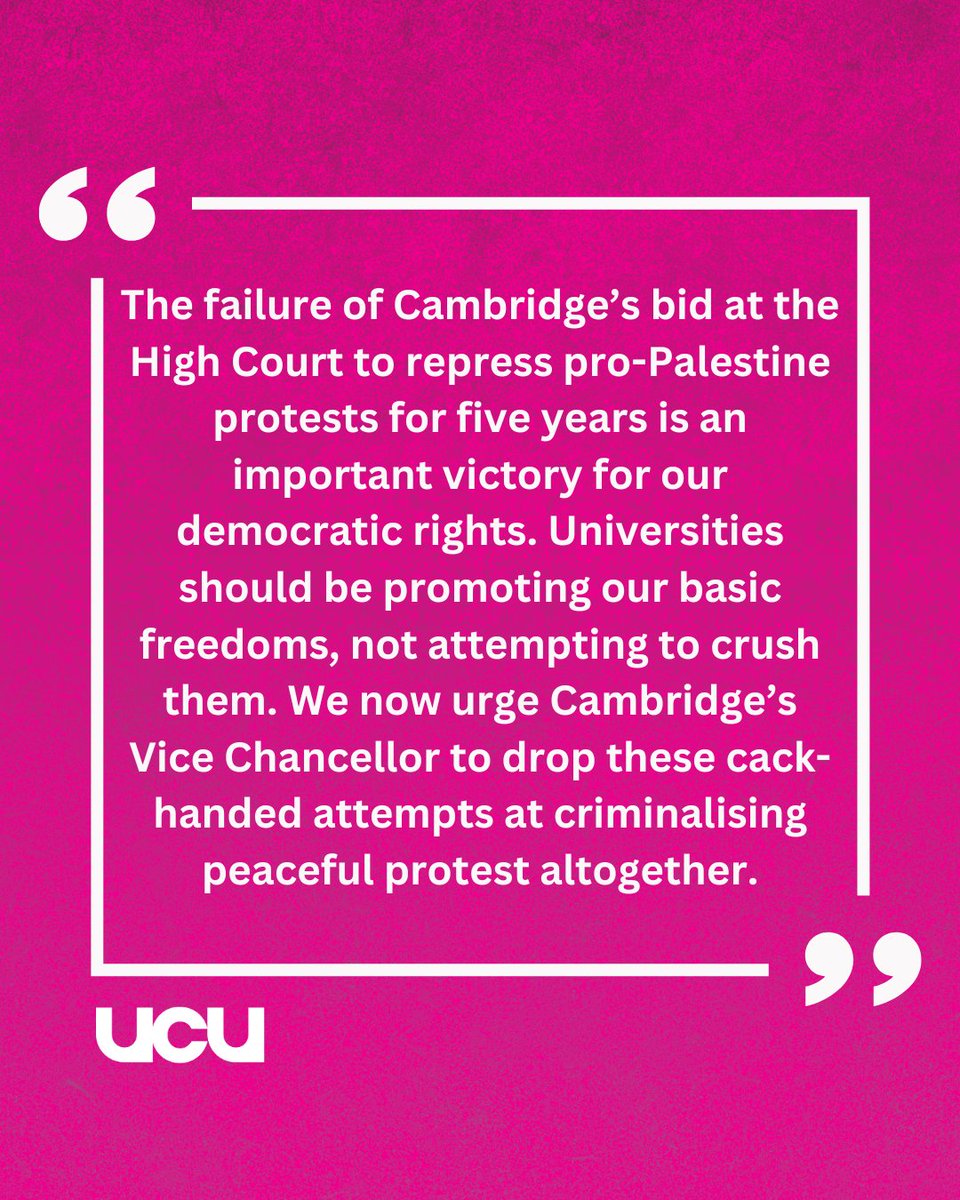 🚨 The University of Cambridge has failed at the High Court in its attempt to restrict pro-Palestine protest for five years.

This is a major victory for our democratic rights.

Our statement 👇