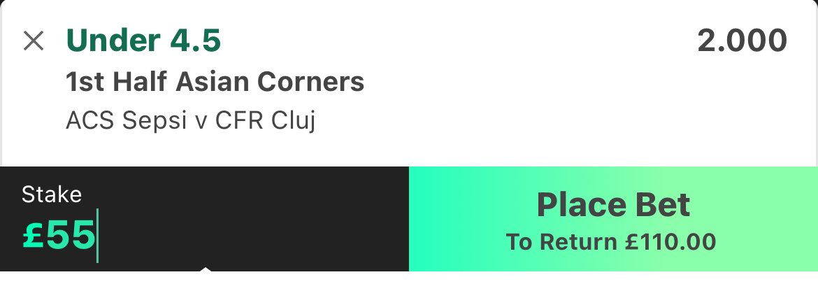 BestArbBets's tweet photo. £5 or £7.50 GUARANTEED PROFIT 🚨 

ACA Sepsi v CFR Cluj 1st Half Corners - Bet365/Skybet

#Matchedbetting #ArbitrageBetting #Arbbets https://t.co/CGkOorEKIS