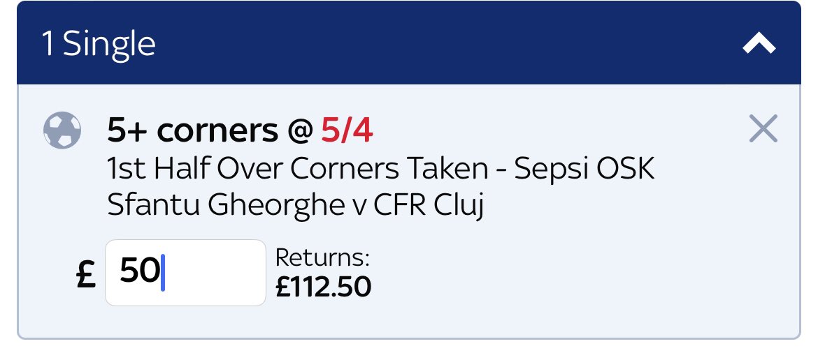 BestArbBets's tweet photo. £5 or £7.50 GUARANTEED PROFIT 🚨 

ACA Sepsi v CFR Cluj 1st Half Corners - Bet365/Skybet

#Matchedbetting #ArbitrageBetting #Arbbets https://t.co/CGkOorEKIS