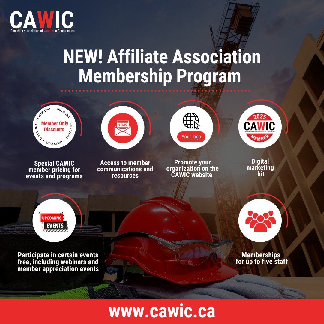 Exciting News! Construction associations can now join CAWIC's new Affiliate Association Membership Program to support women in construction! Get member rates, free webinars, marketing tools &amp; more! Sign up now: cawic.ca/signup.