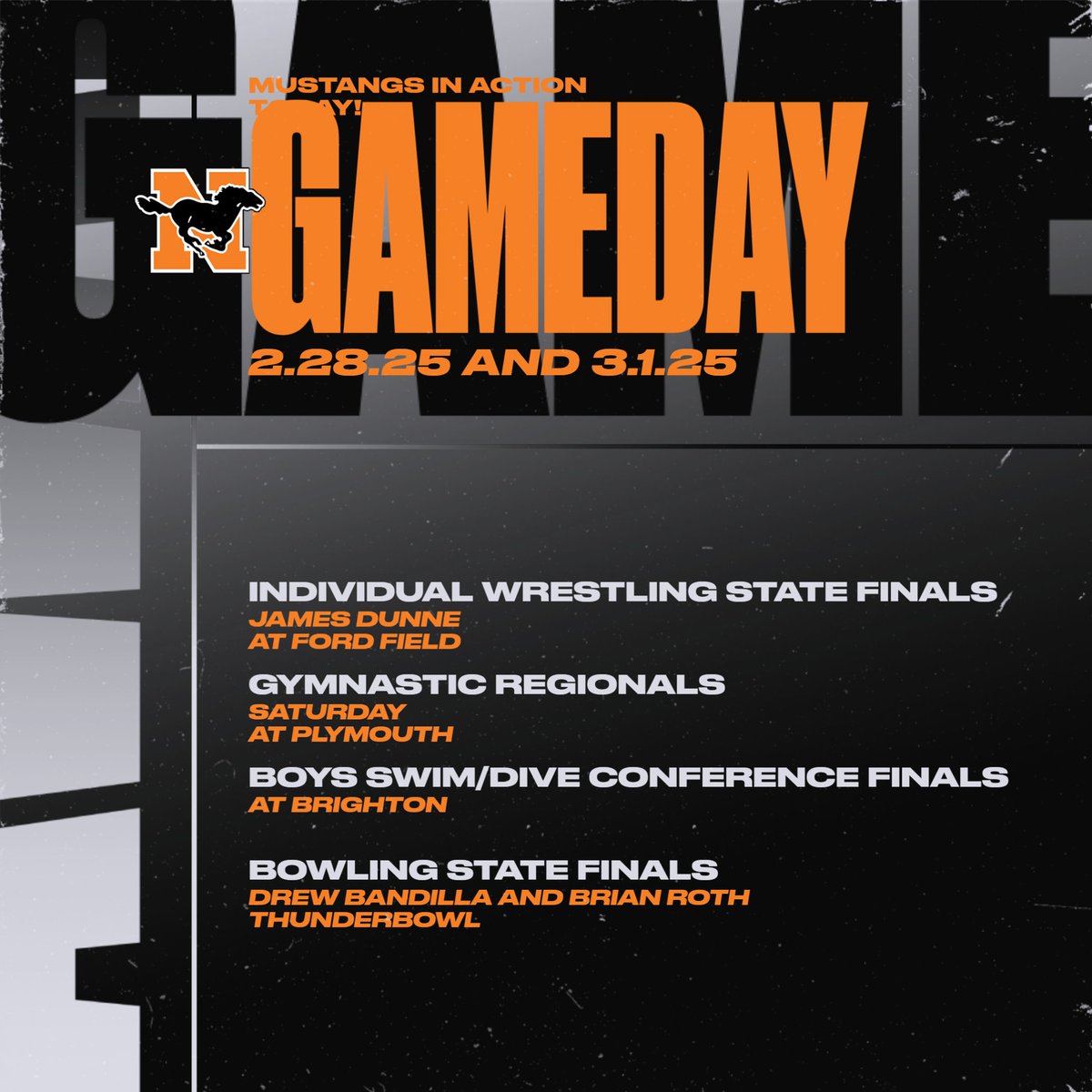 Good luck to James at the individual state wrestling finals, gymnastics <a href="/MHSAA/">MHSAA</a> Regionals, swim/dive <a href="/KLAASports/">KLAA Sports</a> Conference Finals, and Drew &amp; Brian at the bowling state finals.  #GoMustangs #RefuseToLose