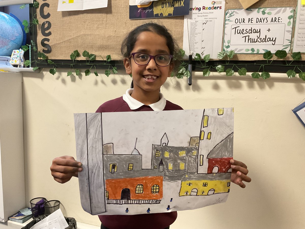 This afternoon, Year 3 created artwork in the style of famous artist LS Lowry. They drew the outline of an industrial scene using pencil and then added colour using oil pastels. It's clear to see that we have some budding artists! #HGPS #WeExceed
