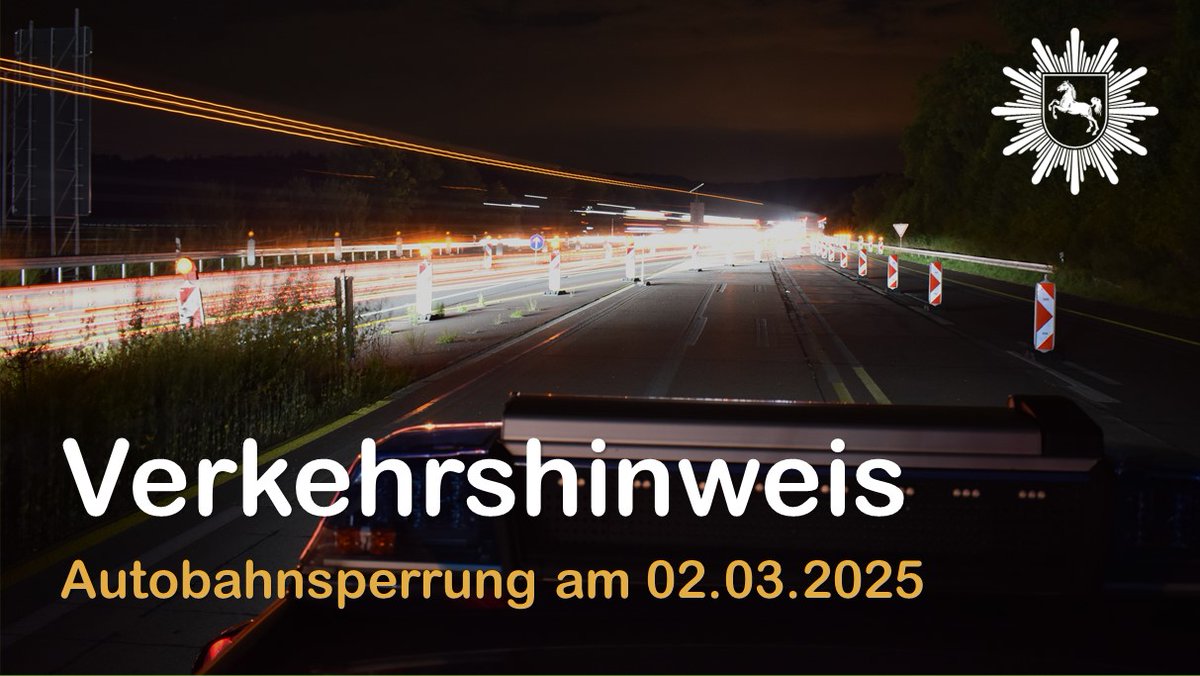 🚧↘️ Am kommenden Sonntag (2.3.), ist die Fahrbahn der #A7 zwischen der AS #Göttingen und dem AD #Drammetal in beide Fahrtrichtungen im Zeitraum von 6 bis 9 Uhr voll gesperrt.  

👉 Grund für die Sperrungen sind Arbeiten an Hochspannungsleitungen über der Fahrbahn.