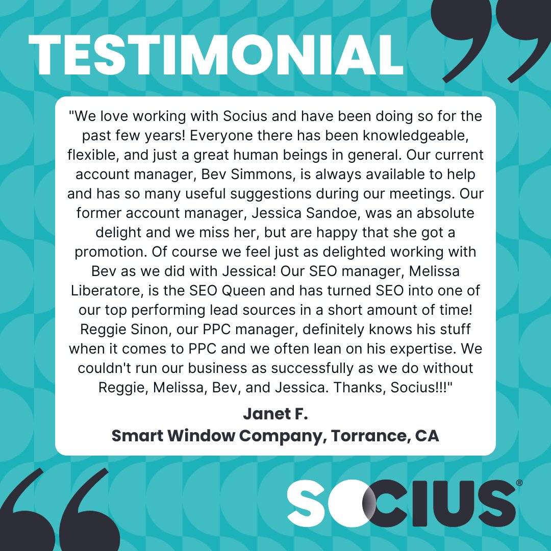When a review highlights not one but FOUR powerhouse team members, you know it’s the real deal. 💥 Shoutout to Bev, Jessica, Melissa, and Reggie for making an impact that lasts. 🙌

Want a team like this in your corner? Click here: sociusmarketing.pulse.ly/updxjchimg
