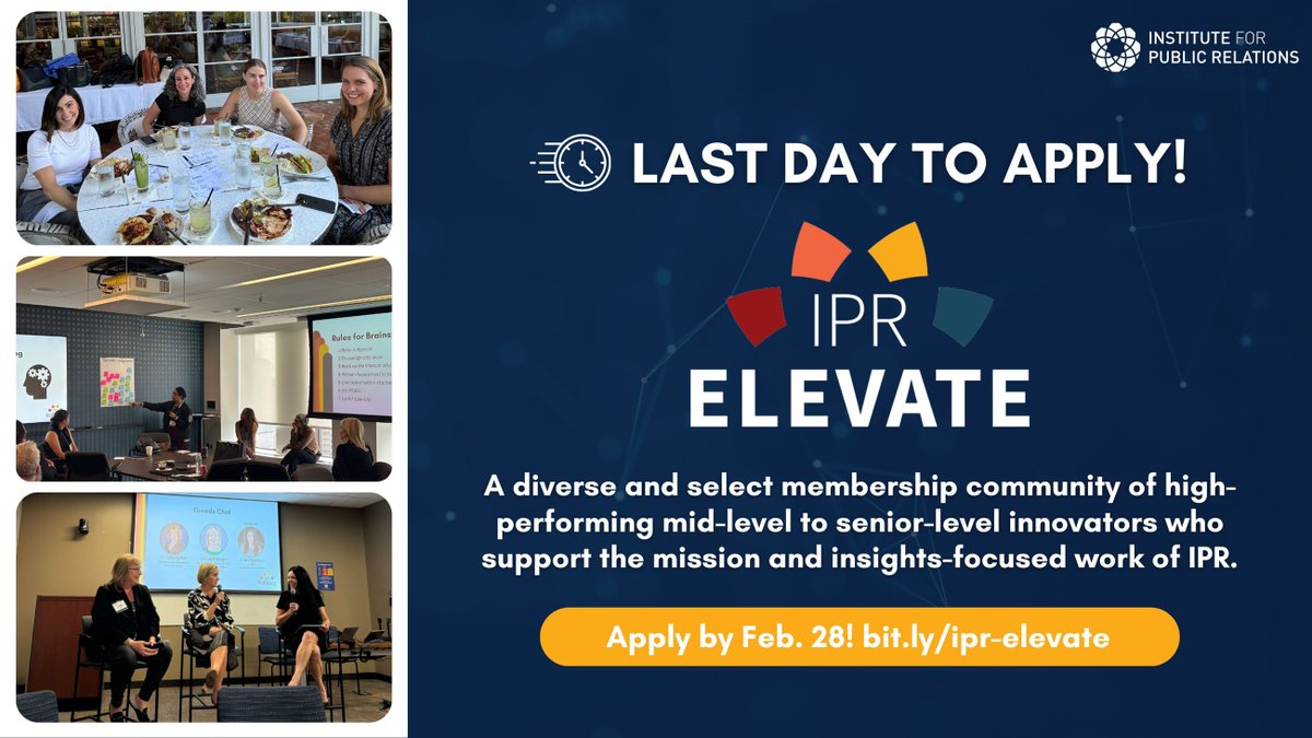 Unlock your potential with IPR ELEVATE! ✨🤝

Today is the LAST DAY to apply or nominate! Join a diverse community of top communicators for mentorship, professional development, and networking opportunities. 

Apply or nominate by the end of today: buff.ly/3rTCfQT