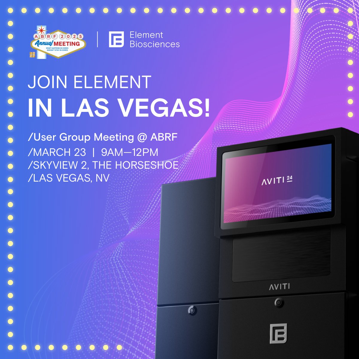 Attending <a href="/MyABRF/">ABRF</a>? Join us for the Element Biosciences Shared Resource User Group Meeting on March 23! CEO <a href="/MollyminHe/">Molly He</a> &amp; CTO Michael Previte will share insights on our roadmap for #AVITI24. Don’t miss the panel and community discussion! 🌟
🗓️ March 23, 9 AM–12 PM
📍Horseshoe Las
