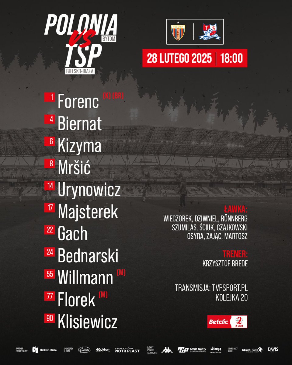 TSP_SA's tweet photo. #POLTSP | ⏰ -'

Pierwszy ligowy mecz w 2025 roku rozpoczynamy w następującym składzie ⤵️ Z powodu zawieszenia za nadmiar żółtych kartek, trener Brede nie będzie mógł dziś skorzystać z Maćka Górskiego ❌

---
💻 Relacja LIVE 👉 https://t.co/n0mR0ZXr8X https://t.co/S8Jr0jFa4f