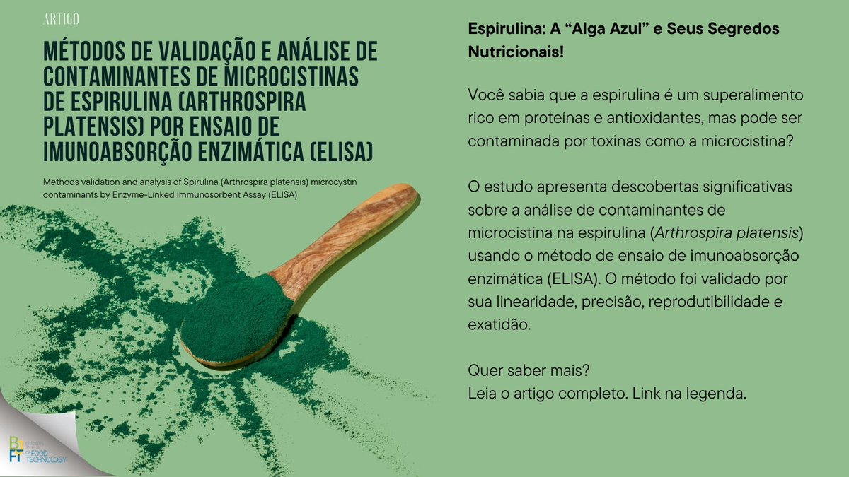 revistaBJFT's tweet image. Será que toda espirulina é segura para consumo? Como garantir a qualidade?
Neste estudo, pesquisadores analisaram a presença da #microcistina, uma toxina perigosa, e validaram um método preciso para garantir a segurança desse #superalimento. doi.org/10.1590/1981-6…

#spirulina