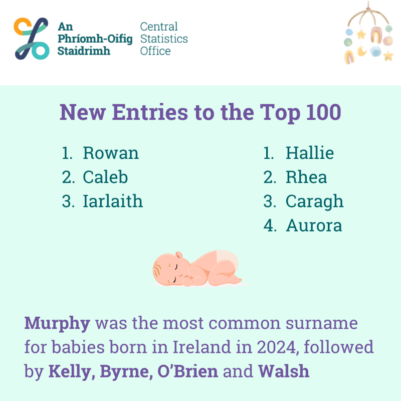 CSOIreland's tweet photo. When it comes to new names, Rowan, Caleb + Iarlaith joined the top 100 boys names in Ireland in 2024, while the new entrants for girls were Hallie, Rhea, Caragh + Aurora
⬇️ See below for more
#CSOIreland #Ireland #VitalStatistics #Births #IrishBabiesNames #BoysNames #GirlsNames