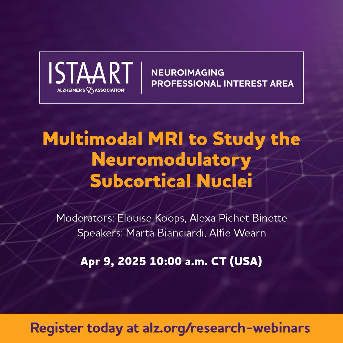 Neuroimaging PIA (@neuroimagingpia) on Twitter photo ..and another one! 🤩 Join us for a great webinar in cooperation with the <a href="/NSS_PIA/">Neuromodulatory Subcortical Systems PIA</a> on studying neuromodulatory subcortical nuclei with multimodal MRI!
Speakers: <a href="/BianciardiMarta/">Marta Bianciardi</a> & <a href="/AlfieWearn/">Alfie Wearn</a>
📅Date: April 9 - 10:00 am CT
💻Register here: alz-org.zoom.us/webinar/regist…
<a href="/ISTAART/">ISTAART</a> ..and another one! 🤩 Join us for a great webinar in cooperation with the <a href="/NSS_PIA/">Neuromodulatory Subcortical Systems PIA</a> on studying neuromodulatory subcortical nuclei with multimodal MRI!
Speakers: <a href="/BianciardiMarta/">Marta Bianciardi</a> & <a href="/AlfieWearn/">Alfie Wearn</a>
📅Date: April 9 - 10:00 am CT
💻Register here: alz-org.zoom.us/webinar/regist…
<a href="/ISTAART/">ISTAART</a>