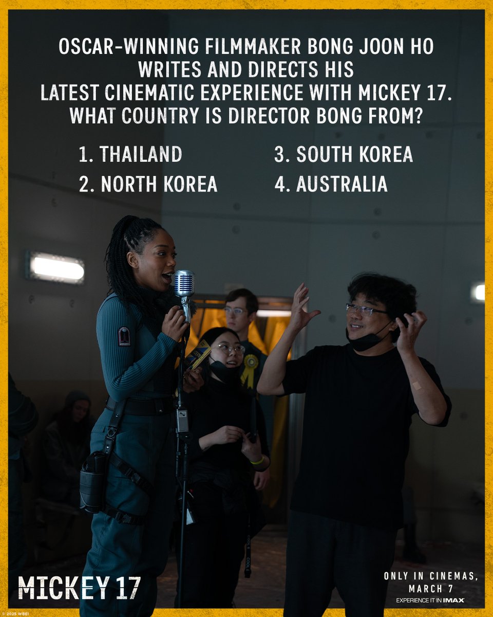 WarnerBrosIndia's tweet image. #Question4 of the #Mickey17ContestIndia​

Which country is Oscar-winning director Bong Joon Ho from?​

Participate and stand a chance to win tickets to the exclusive premiere of #Mickey17 in IMAX, happening in Mumbai only.
