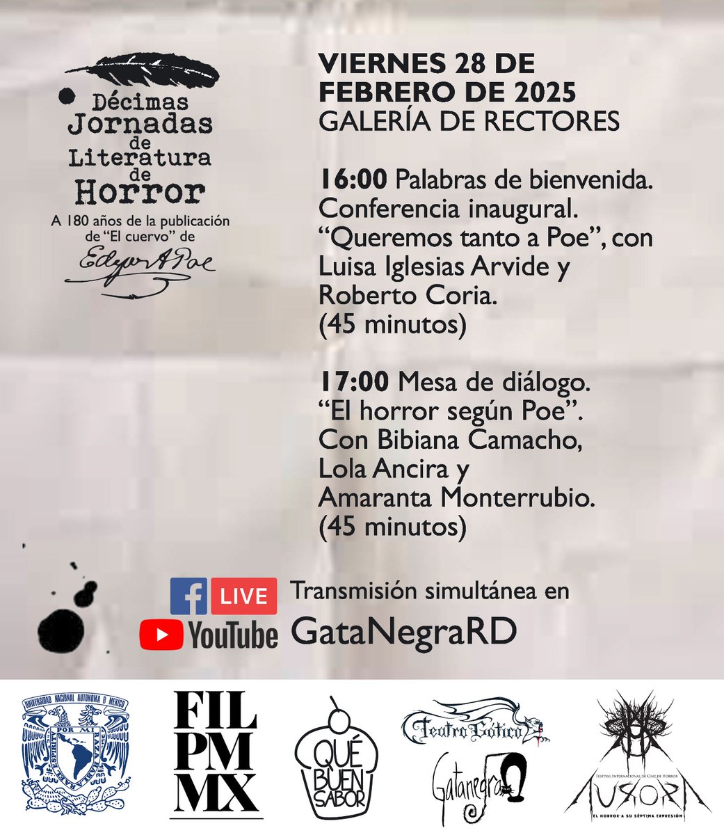Roberto Coria 🔍 (@rcoriamonter) on Twitter photo HOY inicia las #JornadasHorror10 en la 46 <a href="/FILMineria/">FIL Minería</a>. Ojalá nos puedan acompañar presencialmente o en la transmisión simultánea qué harán nuestros amigos de <a href="/GataNegraRD/">Gatanegra 🐈⬛✨</a> en sus canales. HOY inicia las #JornadasHorror10 en la 46 <a href="/FILMineria/">FIL Minería</a>. Ojalá nos puedan acompañar presencialmente o en la transmisión simultánea qué harán nuestros amigos de <a href="/GataNegraRD/">Gatanegra 🐈⬛✨</a> en sus canales.